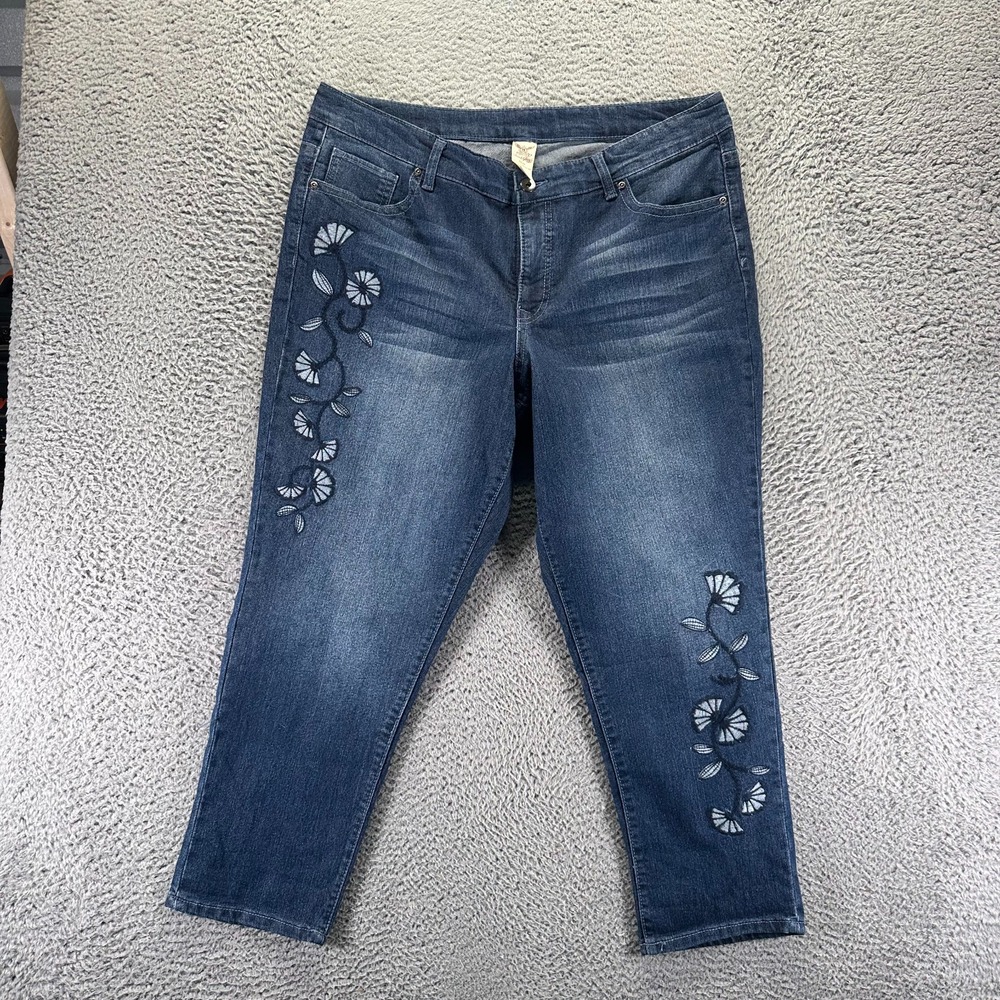 Faded Glory Jeans Womens 20W Blue Cotton Denim Tapered Faded Embroidered Stretch